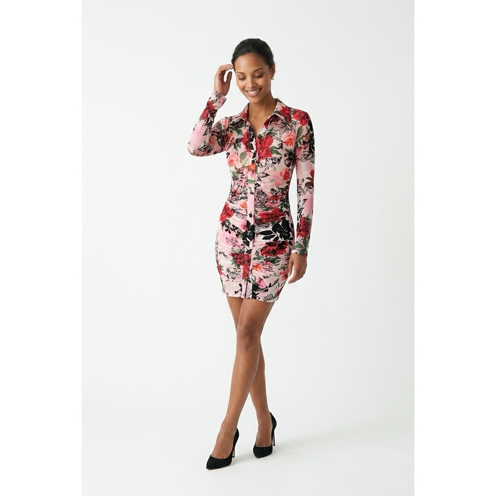 Fashion Nova Pink Floral Mesh Ruched Button Down Midi Dress Long‎ Sleeve Small